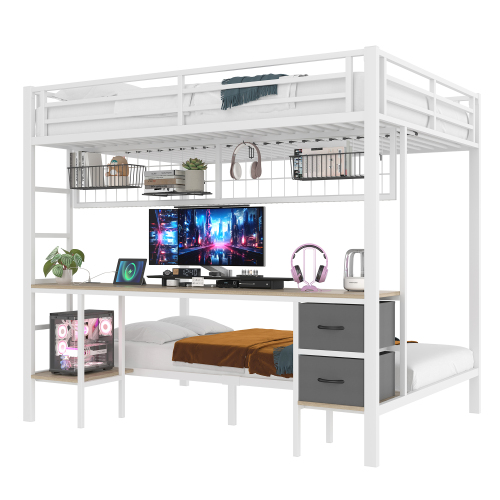 Produit : Lit mezzanine, 90x200 et 140x200, étagères, grille pour suspendre des objets, bureau, bande LED