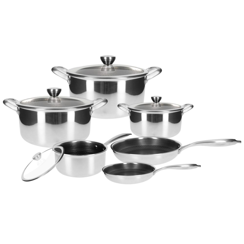 Ensemble de Cuisine Inox Premium 10pièces Revêtement Intérieur en Nid d'Abeille Argent — Cheffinger
